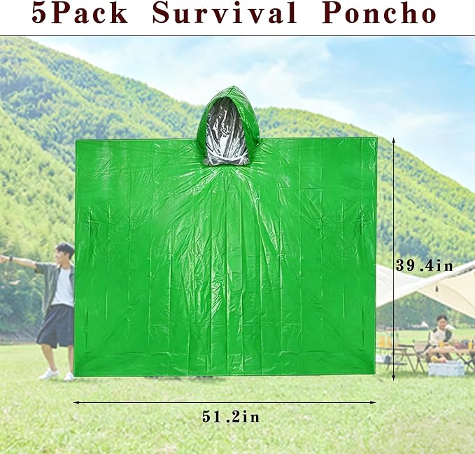 5Pack Emergency Poncho Portable Survival Rain Poncho with Hood for Adults Emergency Supplies and Survival Kits for Outdoor Camping,Hiking,First Aid,Green
