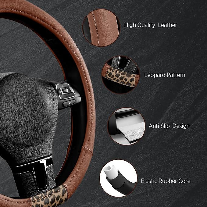 Steering Wheel Cover - Flat Bottom Wheel Cover Made with PVC Leather and Leopard Fabric - Universal Fit for 15-Inch D-Shaped Automotive Steering Wheels (Brown Color)