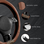 Steering Wheel Cover - Flat Bottom Wheel Cover Made with PVC Leather and Leopard Fabric - Universal Fit for 15-Inch D-Shaped Automotive Steering Wheels (Brown Color)