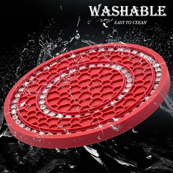 2PCS Bling Crystal Rhinestone Cup Coaster Insert, 2.75 inch Soft Silicone Anti-Slip Shockproof, Car Drink Holder Coaster, Universal Car Interior Accessories for Women (Red & White)