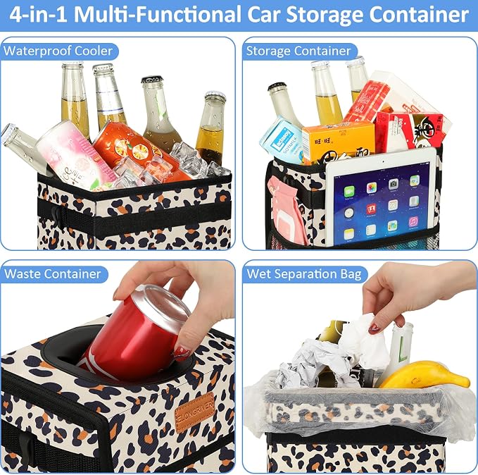 Car Trash Can Bin for Back Seat Leak Proof, Cute Car Trash Bag Hanging, Vehicle Trash Can for SUV Truck Van, Automotive Garbage Cans Front Seat Leopard Print, 2 Gallons