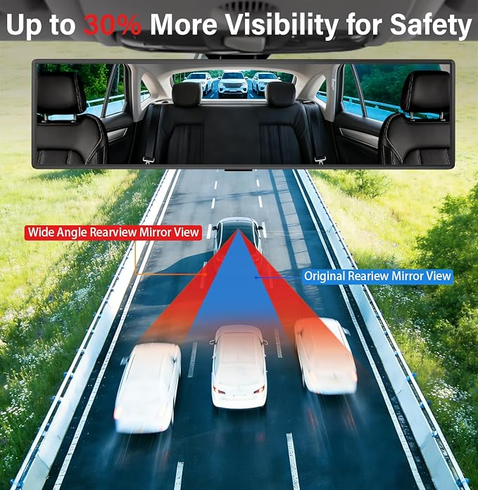 Rear View Mirror - Chrome Anti-Glare Panoramic Rearview Mirror 12 Inch Clip-On Convex Rearview Mirror, Reduces Blind Spots, HD Wide Angle,Shock Resistant for Cars, Trucks & SUVs (Light Chrome)