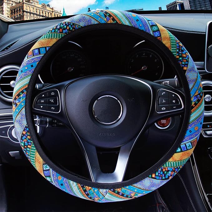 3 Pack Boho Steering Wheel Cover with Car Cup Holder Coasters Universal Baja Hippie Bohemian Style Steering Wheel Covers Cute Car Steering Wheel Cover for Women Girl 15 Inch (Blue)