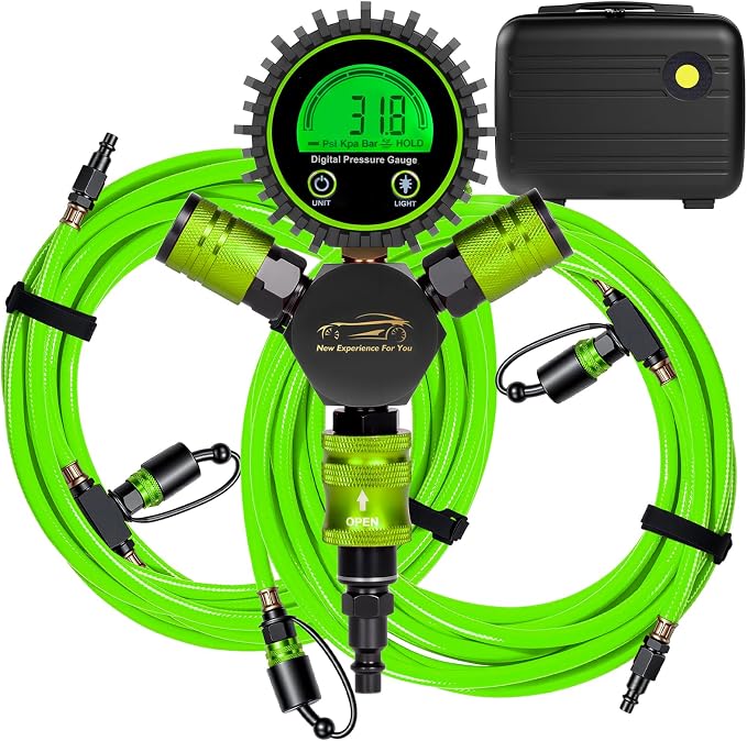4 Tire Inflation Deflation System W/300PSI Digital Pressure Gauge | Fits up to 200" Wheelbase, Plastic Carry Box & Heavy Duty Hoses, Fits Truck, Car, Trailer, Motorcycle Offroad Vehicles, Green
