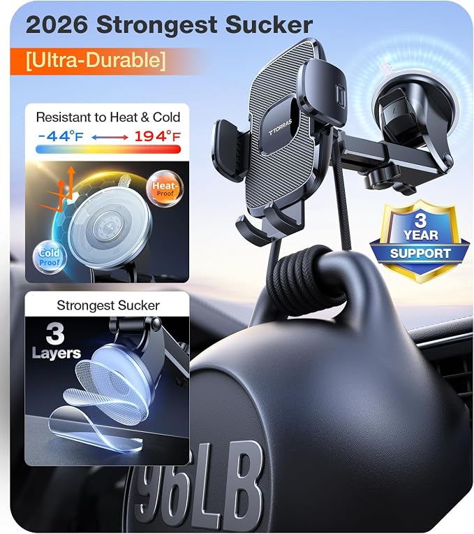 Ultra-Durable Phone Holders for Your Car【96+LBS Strongest Suction】 Car Phone Holder Mount, Safety Certs Cell Phone Car Mount Truck for Dashboard Windshield Vent for iPhone 17 16 15 14 Pro Max