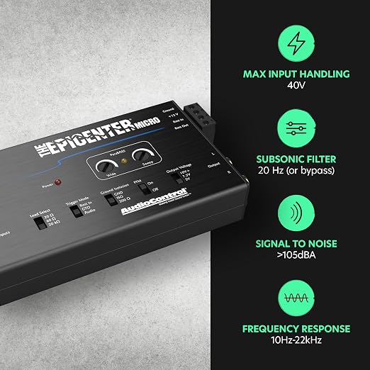 The EPICENTER Micro Bass Restoration Processor & Line Output Converter, Compact Car Audio Bass Booster Enhancer, Line Level & Speaker Level Inputs, Includes Dash Mount Remote Control Knob
