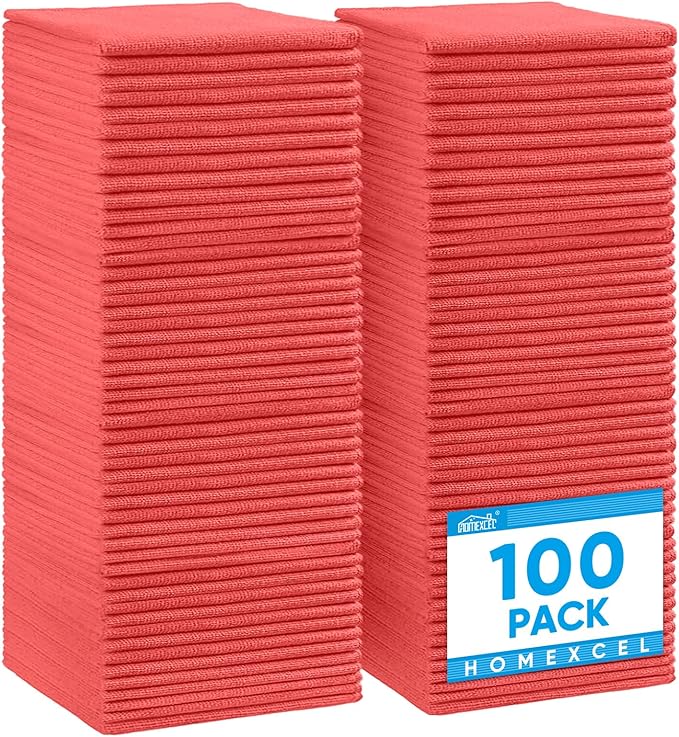 Microfiber Cleaning Cloth, Premium Microfiber Towels for Cars, Lint Free, Scratch-Free, Highly Absorbent, Reusable Cleaning Rags for Car, Household, Kitchen, Window(Red,100)