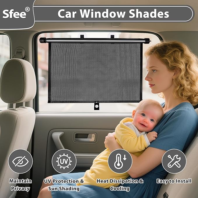 Car Window Shades for Baby-2 Pack Retractable Side Window Car Sun Shade Blocks UV Rays & Heat for Sun Protection Roller Sunshade Visor Window Shade for Kids,Passengers,Pets (20' x22'')