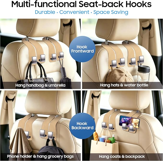 Car Headrest Hooks, Premium Suede with Metal Car Seat Back Storage Hooks for Handbag Coats Umbrella Backpack - 2 Pack, Beige