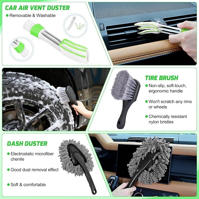 27PCS Car Detailing Kit Auto Cleaning Tools Wash Set with Storage Carry Bag Home Use for Interior Exterior Deep Clean Polish Car Care Windshield Dashboard Seat Air Vents Wheels Tires, Green