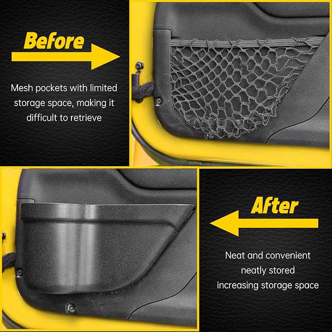 JK Storage Pockets for Jeep Wrangler, Front Door, 2 Pcs | Compatible with 2011-2018 Jeep Wrangler JK JKU 2/4 Door, Front Door Pockets, Interior Storage Accessories, Black