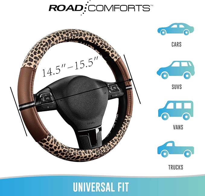 Leopard Steering Wheel Cover for Women, Cute Anti-Slip Microfiber Leather, Universal Fit 14.5-15 Inch Round Steering Wheel - Brown