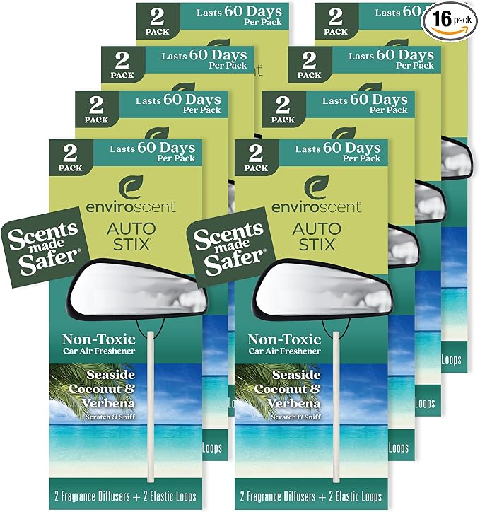 Non-Toxic* Car Air Freshener Auto Stix® - Scents Made Safer - Enjoy Fragrance Lasts Up to 480 Days - Includes Auto Stix® Diffusers & Elastic Loops - Seaside Coconut & Verbena (Pack of 8)