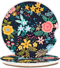 Absorbent Car Coasters 2 Pack for Cup Holders, 2.56" Ceramic Stone & Non-Scratch Cork Base Drink Coasters(Flowers 1)