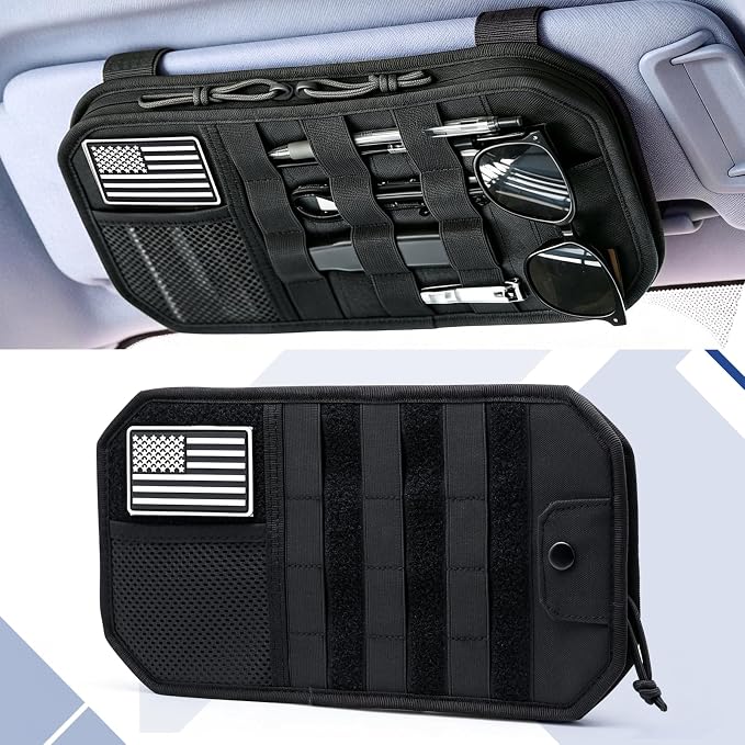 SAMPUSS Car Sun Visor Organizer Car Sunglass Holder with Storage Pouch | Semi-rigid molle panel car truck accessories with zipper for men&women fit most cars trucks vans suvs jeeps patrols