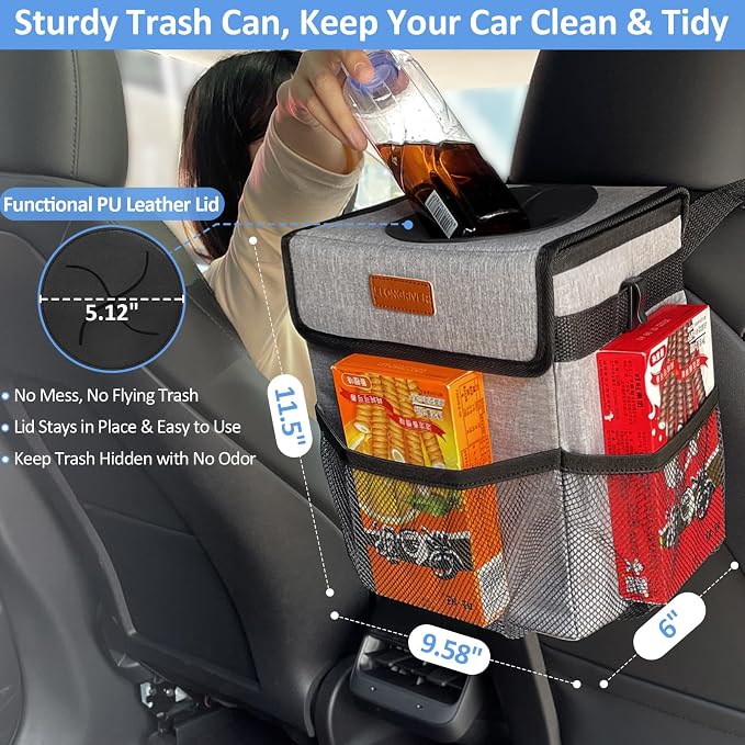 Car Trash Can Bin for Back Seat Leak Proof, Cute Car Trash Bag Hanging, Vehicle Trash Can for SUV Truck Van, Automotive Garbage Cans Front Seat Grey