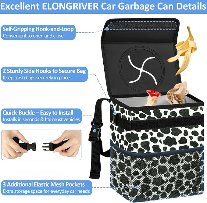 Car Trash Can Bin for Back Seat Leak Proof, Cute Car Trash Bag Hanging, Vehicle Trash Can for SUV Truck Van, Automotive Garbage Cans Front Seat Cow Print, 2 Gallons
