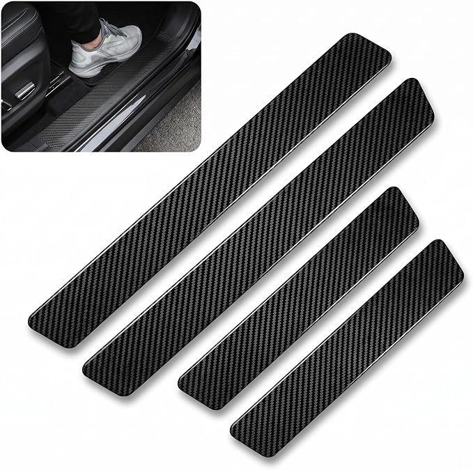 4 PCS Car Door Sill Protectors, Carbon Fiber Anti-Scratch Waterproof Threshold Guard Stickers, Front Rear Entry Scuff Protective Cover, Universal for Most Cars SUVs Trucks (Black)
