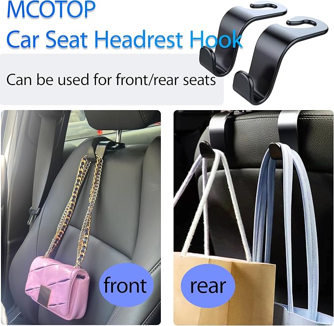 Car Seat Headrest Hook, 2 Pack- (Black) | For Organizer Universal for Handbag/Purse/Gym Bag/Hat/Groceries Car Accessories, Car Back Seat Headrest Hook