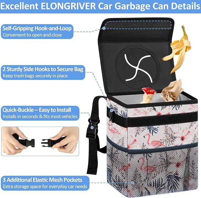 Car Trash Can Bin for Back Seat Leak Proof, Cute Car Trash Bag Hanging, Vehicle Trash Can for SUV Truck Van, Automotive Garbage Cans Front Seat Flamingos, 2 Gallons