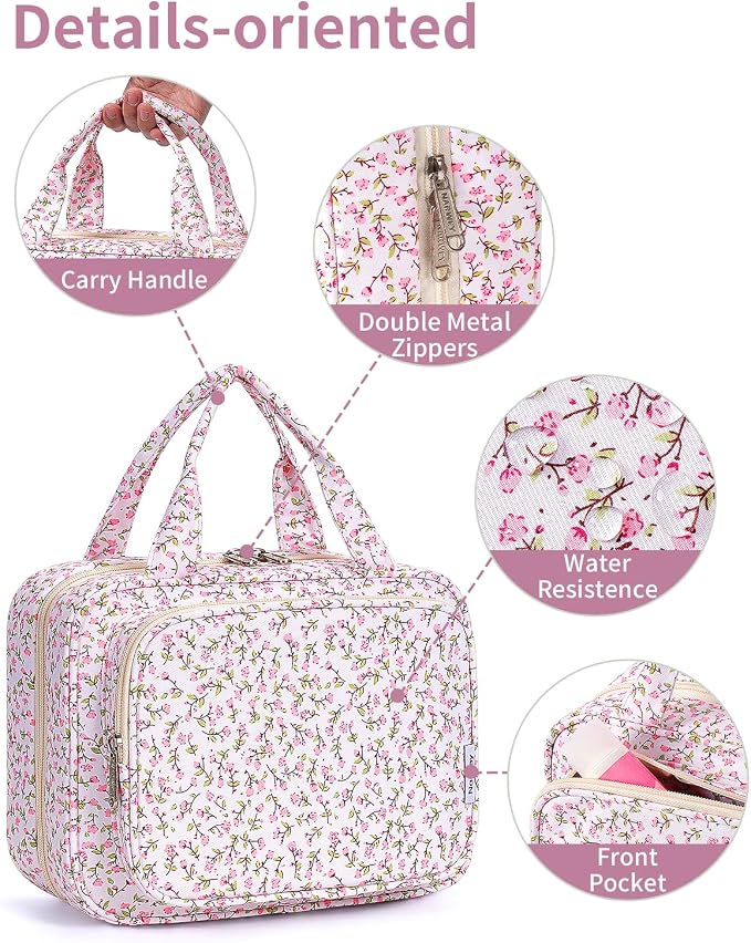 Hanging Toiletry Bag for Women Travel Makeup Bag Organizer Toiletries Bag for Travel Size Essentials Accessories Cosmetics (Pink Flower (Medium))