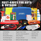 15PC Car Emergency Kit with Jumper Cables, Roadside Assistance Safety Kit for Auto & Truck, Includes Safety Hammers, Tow Strap, Warning Triangle, First Aid, Gifts for Young Men or Women, Blue