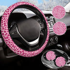 Leopard Print Steering Wheel Cover Anti-Slip Universal for 14.5-15 Inch Car Steering Wheel Cover with 2 Pieces Car Coasters Suitable for Men Women