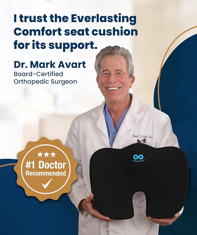 Doctor Recommended Memory Foam Seat Cushion for Office Chairs & Car - Ergonomic Office Desk Accessories - Cushions for Tailbone Pain Relief, Sciatica (Black Cool, Large)