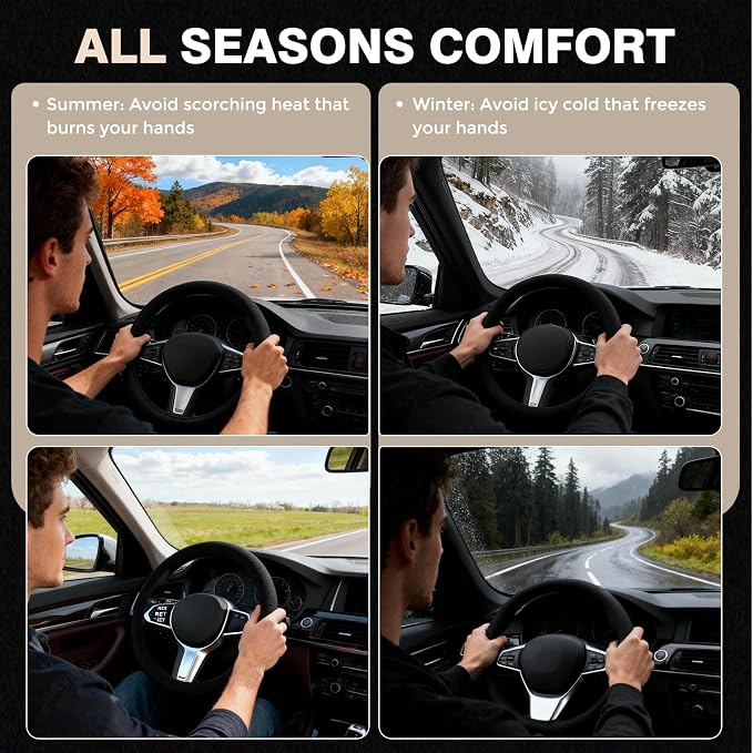 Winter Steering Wheel Cover, Microfiber Suede Car Steering Wheel Covers with Anti-Slip Lining, Breathable Elastic Car Steering Wheel Protector Soft, Universal Standard Size 14-15 inch