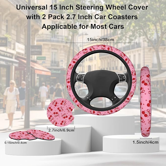 Cherry Steering Wheel Cover,Red Bow with Cherry 2 PCS Car Coasters Pink 14.5-15 Inch Neoprene Steering Wheel Cover,Anti-Slip Breathable Car Accessories Fits Auto Interior Decor