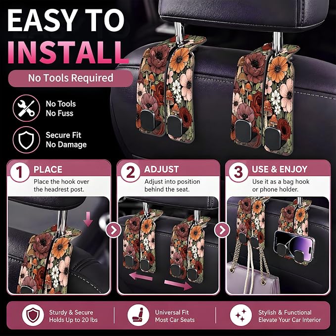 Car Seat Back Storage Hook, Funny Car Purse Hook, Cute Vehicle Storage Organizer for Purses Handbags Pink Vintage Floral