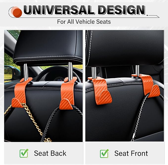 Universal 2 Pack Car Seat Headrest Purse Hook, Carbon Fiber Back Seat Hook Storage Organizer Hanger for Purse Handbag Coat, Car Interior Accessories(Orange)