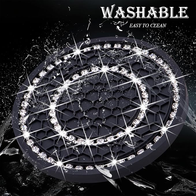 2PCS Bling Crystal Rhinestone Cup Holder Coaster, 2.75 inch Soft Silicone Anti-Slip Shockproof, Car Cup Holder Insert Coasters, Universal Car Interior Accessories for Women (Black & White)