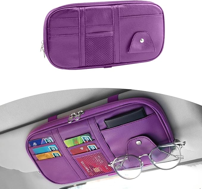 Car Sun Visor Organizer, Sunglass Holder and Storage Pocket, Card Cash Pouch with Multi-Pocket Net Zipper, Case Bag for License Pen Key, Auto Accessories for Truck, SUV, Van (Purple)