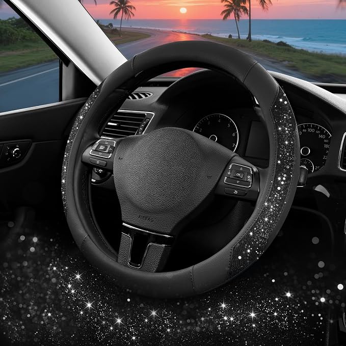 Steering Wheel Cover, Black Sparkly Crystal Bling Glitter with Leather, Universal Fit 14.5"-15.5" Car Steering Wheels for Girls & Women, Anti-Slip Wheels Cover for Cars, Trucks, Van, SUVs