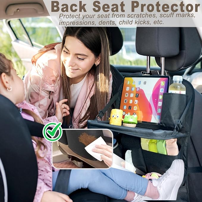 XDV Car Seat Organizers,Multi-functional Back Seat Protectors, Storage Pouches, Child kicking prevention and Tray Holders Kick Mats Back (for Cars, Kids,and Rear Seats) (Black, 2 Pack with Food Tray)