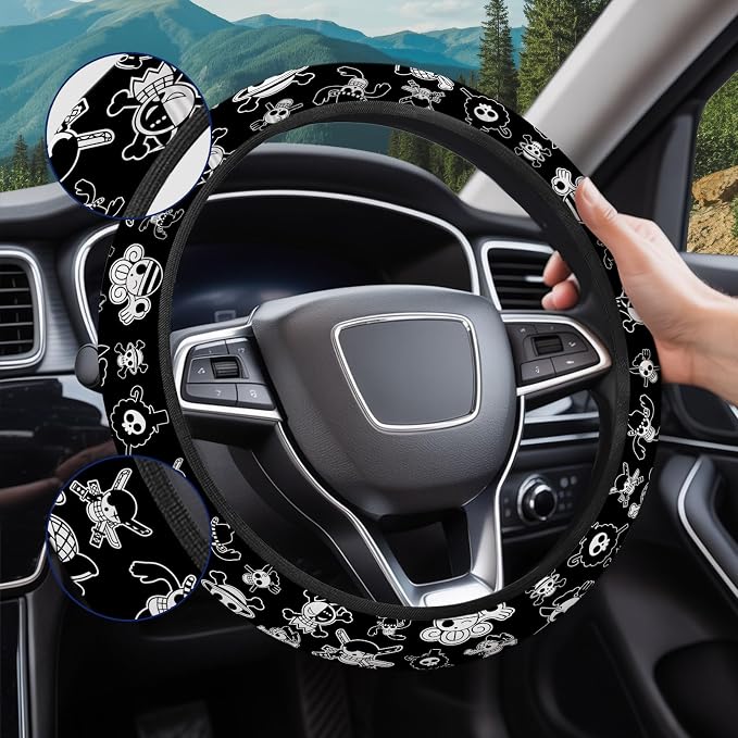 Black Pirate Cartoon Steering Wheel Cover, Polyester Car Wheel Grip, Universal 15 Inch for Cars SUVs Trucks