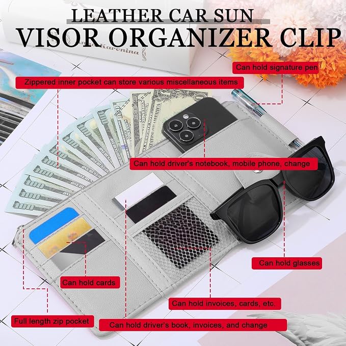 2 Packs Car Sun Visor Organizer, Sunglasses Holders for Car Sun Visor PU Auto Interior Accessories Storage Travel Document Holder with Multi Pocket (Black, Gray, 12.2 x 6.1 Inches)