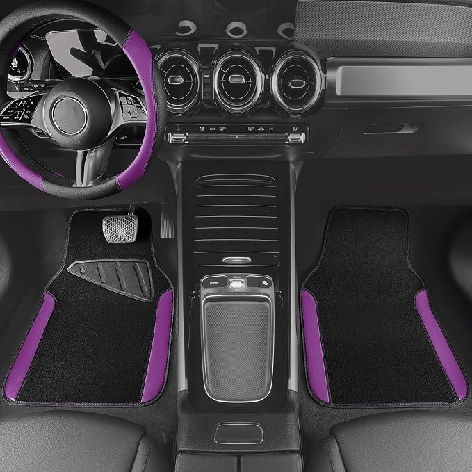 Faux Leather Steering Wheel Cover and Waterproof Car Floor Mats,Universal Car Combo Fit for 95% Sedan,SUV,Cars,14.5-15inch Sporty Anti-Slip Safety Comfortable Design(Black＆Purple)