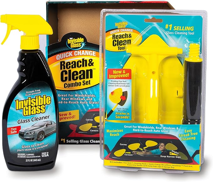 99050 Reach & Clean Glass Windshield Cleaner Tool Combo Kit with Premium Spray Glass Cleaner, Extendable Handle, (2) Reusable Quick Change Microfibers, and Storage Bag