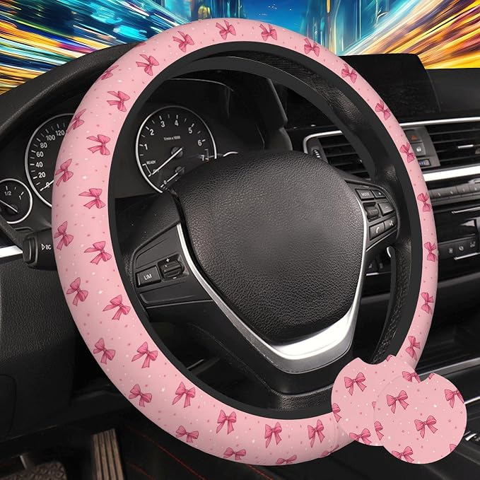 Pink Bows Steering Wheel Cover for Women, Anti-Slip Car Steering Wheel Cover with 2 Pcs Cup Holders Neoprene Breathable Car Accessories Universal 15 Inch Auto Interior Decor