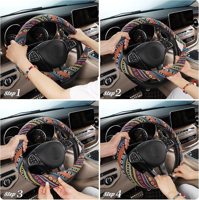 Boho Steering Wheel Cover with Baja Blanket Cloth, Ethnic Style Auto Wheel Cover Made of Coarse Flax, Fits 14 1/2-15 1/4 inches Car Wheel