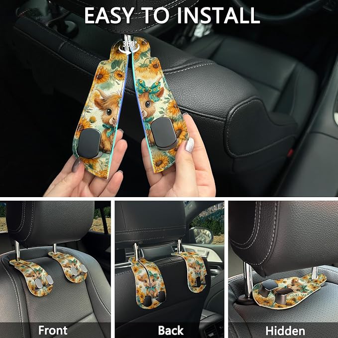 2PCS Car Hooks for Purses Bags, Highland Cow Cattle Artwork Modern Seat Back Storage Headrest Holder Hanger PU Leather Double Metal Backseat Organizer, Women Car Accessories Organization