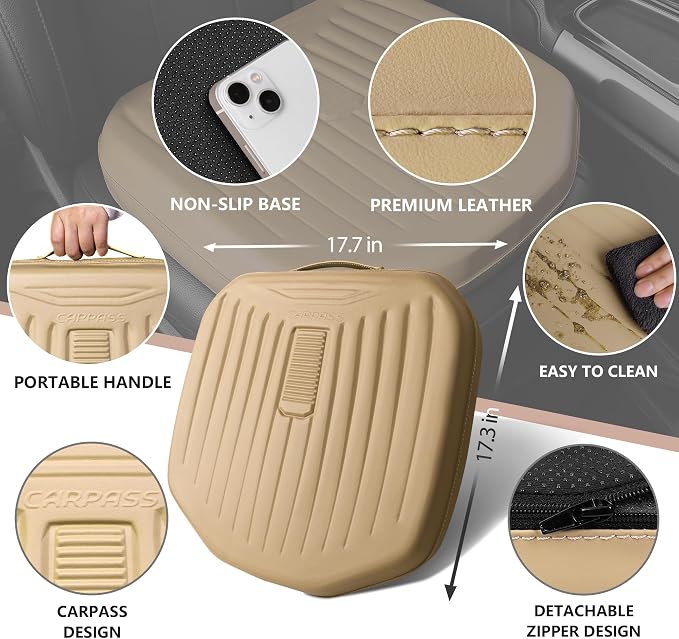 Premium Leather Car Seat Cushion, Comfort Memory Foam Driver Seat Cushion for Long Driving, Waterproof Non-Slip Seat Cushions for Cars, Truck, SUV, Office Chairs, Stadium, Beige