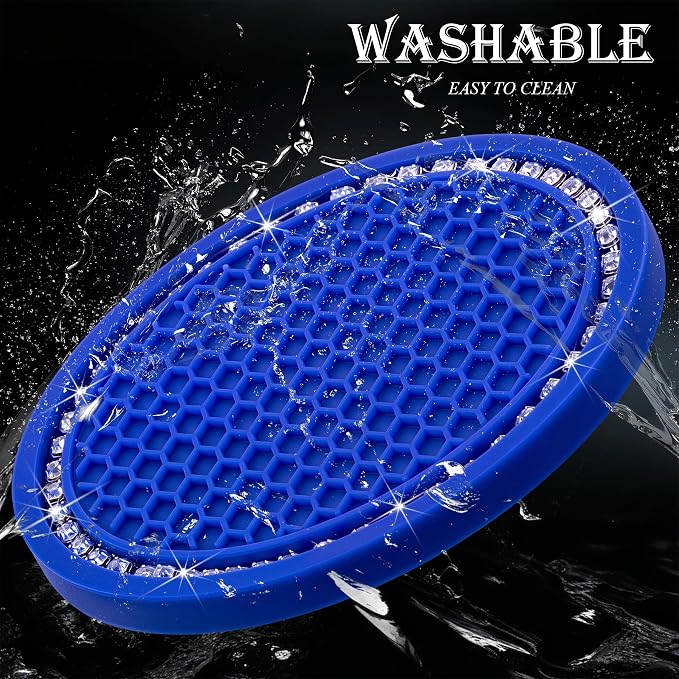 4PCS Bling Cup Holder Coaster, 2.75 Inch Auto Car Cup Holder Insert Coasters, Soft Silicone Anti-Slip Shockproof, Universal Vehicle Interior Accessories for Women Girls (Deep Blue & White)