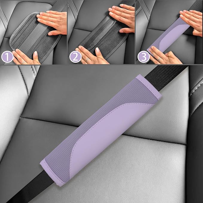 6 PCS Nappa Microfiber Leather Purple Steering Wheel Cover Set, Breathable Fabric Steering Wheel Cover 14.5-15inch Universal, Car Center Console Cover, Seat Belt Cushion, Cup Holder Coaster