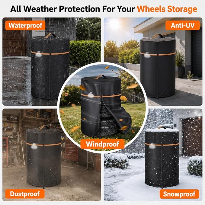 Wheel Cover,Durable 420D Oxford Tire Storage Cover with Waterproof Zipper and Reflective Handle,Easy to Put on,Large Tire Covers for Storage,Indoor/Outdoor Use(Holding 4 Tires Within 32 Inch Diameter)