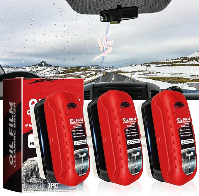New Automotive Oil Film Cleaning Brush,Oil Film Remover for Car Windshield, Glass Cleaning Board, Universal Anti-Rain Fog Cleaning Glass Brush (3-Red)