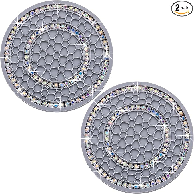2PCS Bling Crystal Rhinestone Cup Holder Coaster, 2.75 inch Soft Silicone Anti-Slip Shockproof, Car Cup Holder Insert Coasters, Universal Car Interior Accessories for Women (Gray & Colorful)