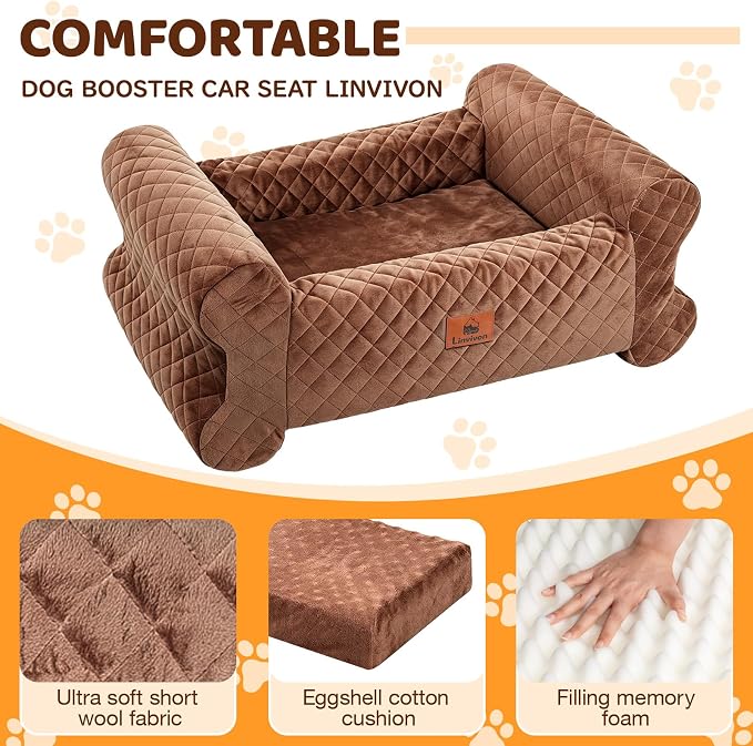 Dog Car Seat for Medium/Large Dogs up to 60 lbs, Memory Foam Dog Booster Seat with Thick Cushion, Pet Car Seat for Back with Detachable Washable Cover, Storage Pockets for SUV, Pick Up, Trunk, Brown